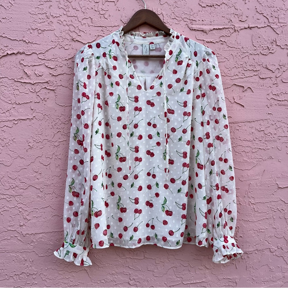 Joie Blouse Top Whimsical Cherry Summer Sheer Ruffles Size Medium